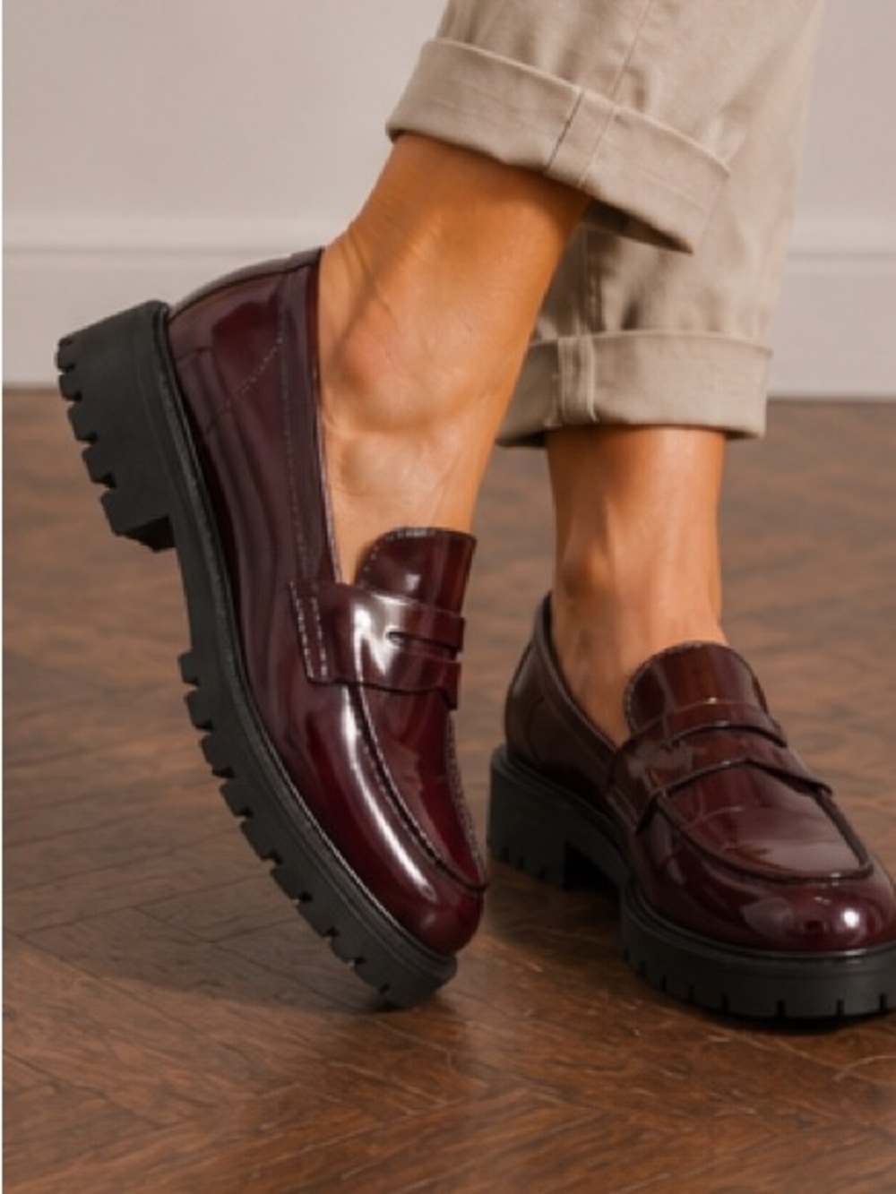 Women's Burgundy Patent Loafers with Lug Sole